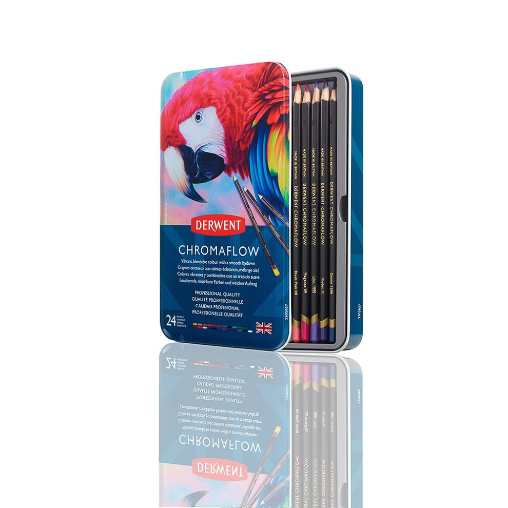 Derwent Chromaflow Pencils, Set of 24 in Tin, 3.5mm Round Core, Premium Core Strength, Blendable with Smooth Texture, Ideal for Drawing, Colouring &