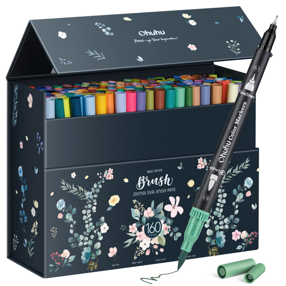 Ohuhu 160 Colouring Pens: Dual Tip Brush Pens Felt Tip Pens Art Markers Set With Fineliner, For Kids Adults Colouring Book Drawing Calligraphy