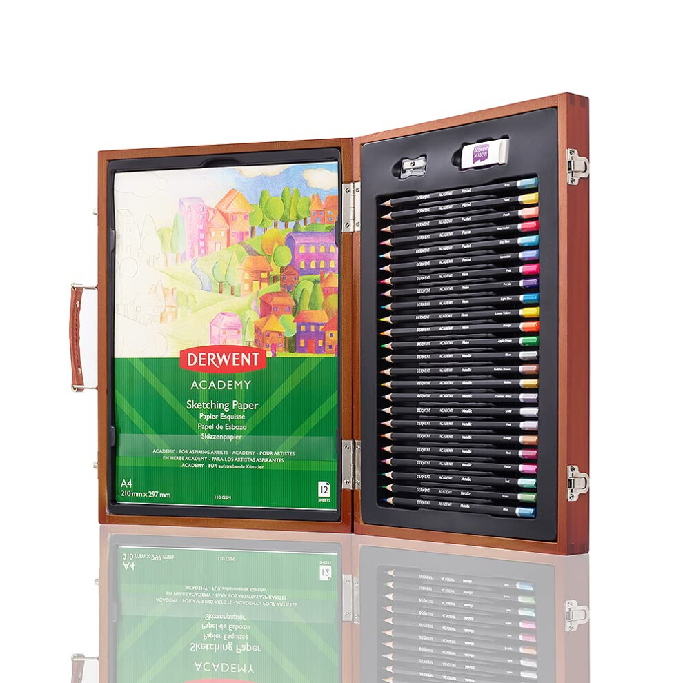 Derwent Academy Trend Colour Wooden Gift Box, 27 Piece Art Set with Colouring Pencils, Pastels & Accessories, Ideal Collection for Drawing, Sketching