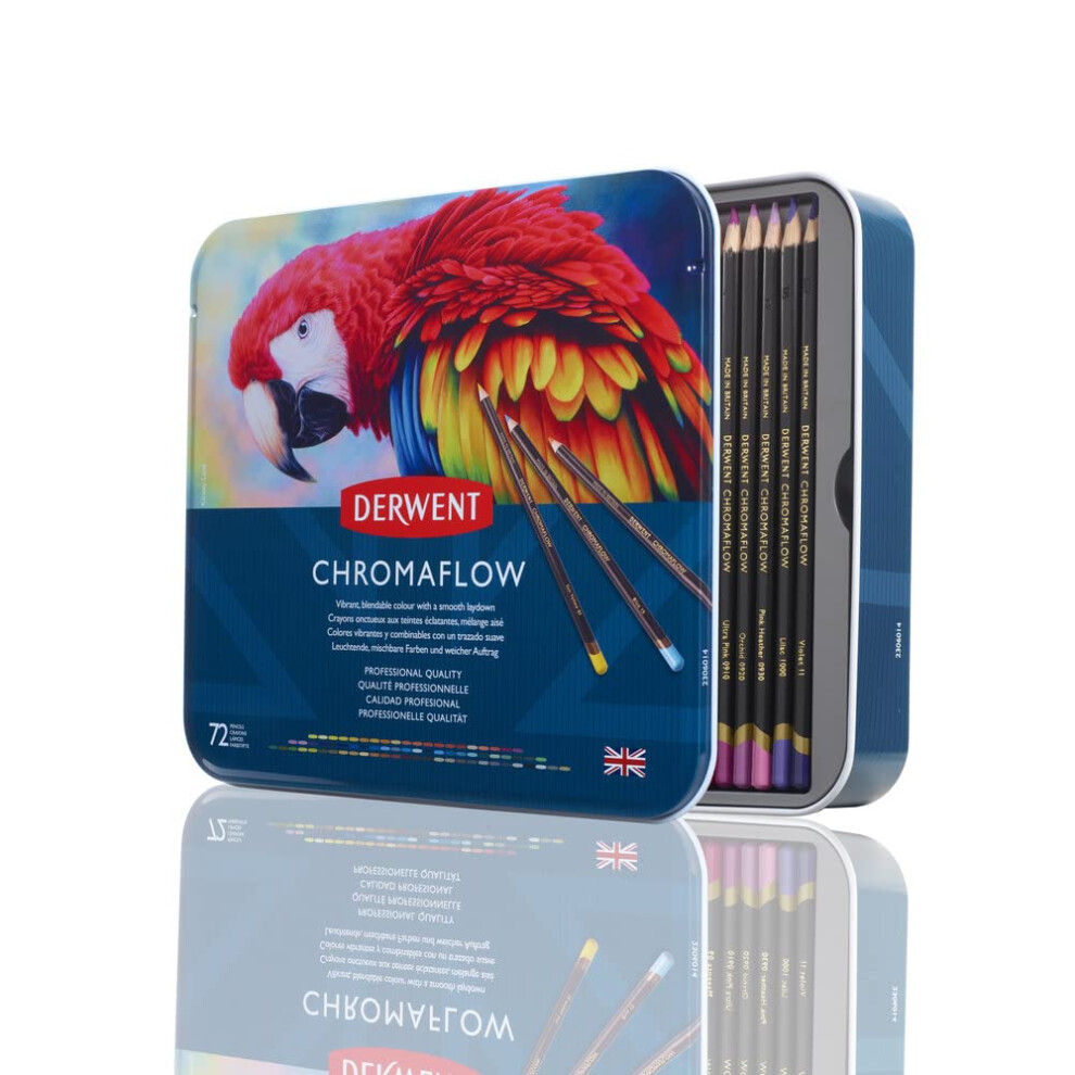 Derwent Chromaflow Pencils, Set Of 72 In Tin, 3.5Mm Round, Premium Core Strength, Blendable With Smooth Texture, Ideal For Drawing, Colouring &