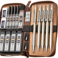 Nicpro 23PCS Metal Mechanical Pencil Set in Leather Case, Propelling Drafting Pencil 0.3, 0.5, 0.7, 0.9 mm & 2mm Lead Holders For Art Drawing