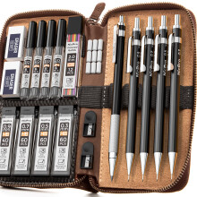 Nicpro 23PCS Metal Mechanical Pencil Set in Leather Case, Black Propelling Drafting Pencil 0.3, 0.5, 0.7, 0.9 mm & 2mm Lead Holders For Art Drawing