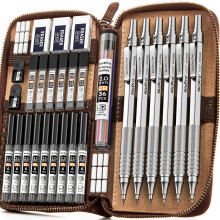 Nicpro 30PCS Art Mechanical Pencils Set in Leather Case, Metal Drafting Pencil 0.5, 0.7, 0.9 mm, 2mm Lead Holders for Sketching Drawing With 16 Tube