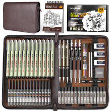 Nicpro 58 PCS Art Drawing Supplies Kit in Leather Case, Art Mechanical Pencil Set with 6 Metal Drafting Pencil 0.5 & 0.7 & 0.9 & 2mm, 12 Micron Pen,