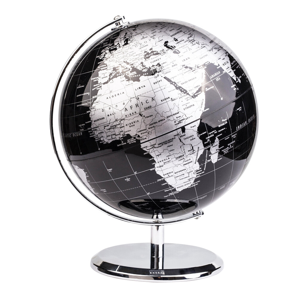 Exerz Black 20Cm World Globe With A Metal Base ? Educational/Geographic/Modern Desktop Decoration - Metallic (20Cm Diameter)