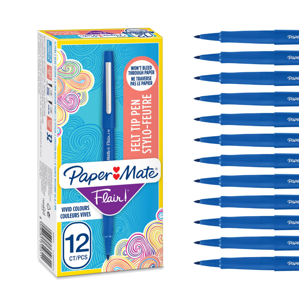 Paper Mate Flair Felt Tip Pens | Medium Point (0.7 Mm) Writing Pens | Pens | For Writing, Drawing & Sketching | 12 Count Blue