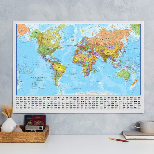 Maps International - World Map with Flags - Laminated - 84.1cm (w) x 59.4cm (h) 1