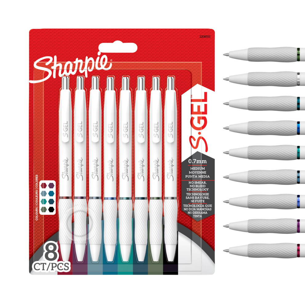 Sharpie S-Gel | Gel Pens For Writing | Medium Point (0.7Mm) | Assorted Ink Colours | Pearl Barrels | 8 Count White