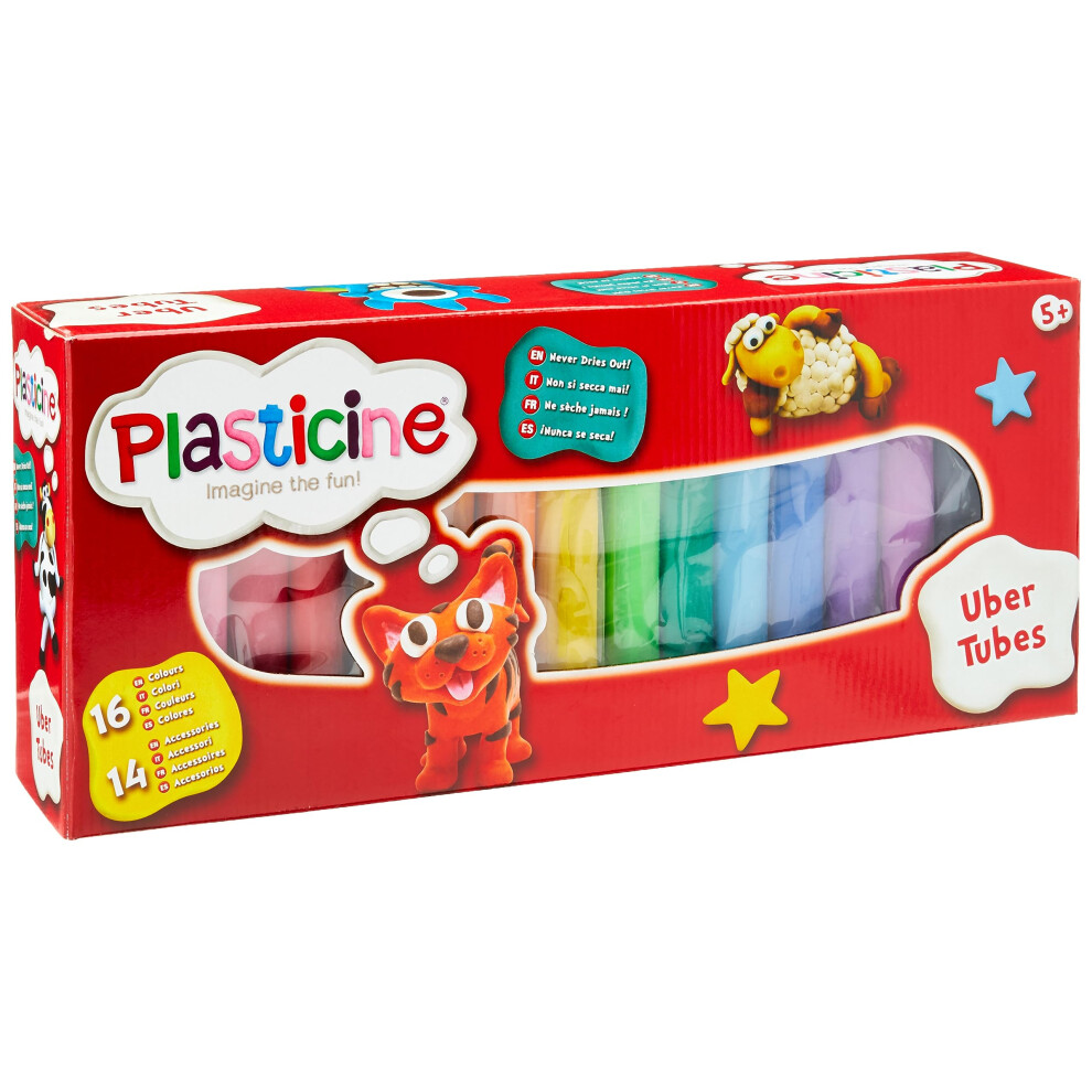 Plasticine Uber Tubes Modelling Clay - 16 Vibrant Colours, Includes Cutters, Tools And Playmat, Never Dry's Out, Made With Non-Toxic Materials,