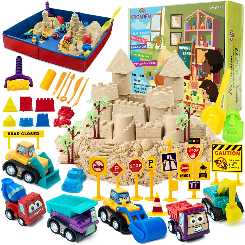 Crosofmi Play Sand For Kids 2Lbs Magic Sand With 6 Construction Vehicles 10 Road Signs And Foldable Sandbox And Moulds And Tools Toys For Boys Girls 3