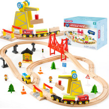SYNCFUN 60PCS Montessori Wooden Train Set - Construction Express, Engineering Railway with Magnetic Crane, Trains & Accessories, Birthday Gift Train