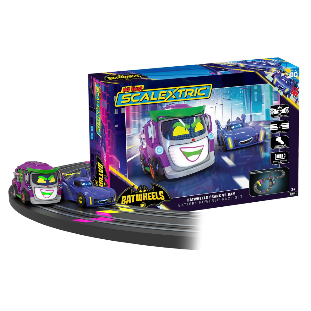 Scalextric Boys My First Racing Track Sets For Kids Ages 3+ - G1187m Batwheels Prank Vs Bam Battery Micro Race Car Set, Toy Cars Race Tracks For