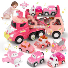 Toddler Girl Truck Car Toys for 1 2 3 Year Old Girl Birthday Gifts, 7-in-1 Pink Princess Transport Carrier Trucks for Toddlers 1-3, Friction Power Toy