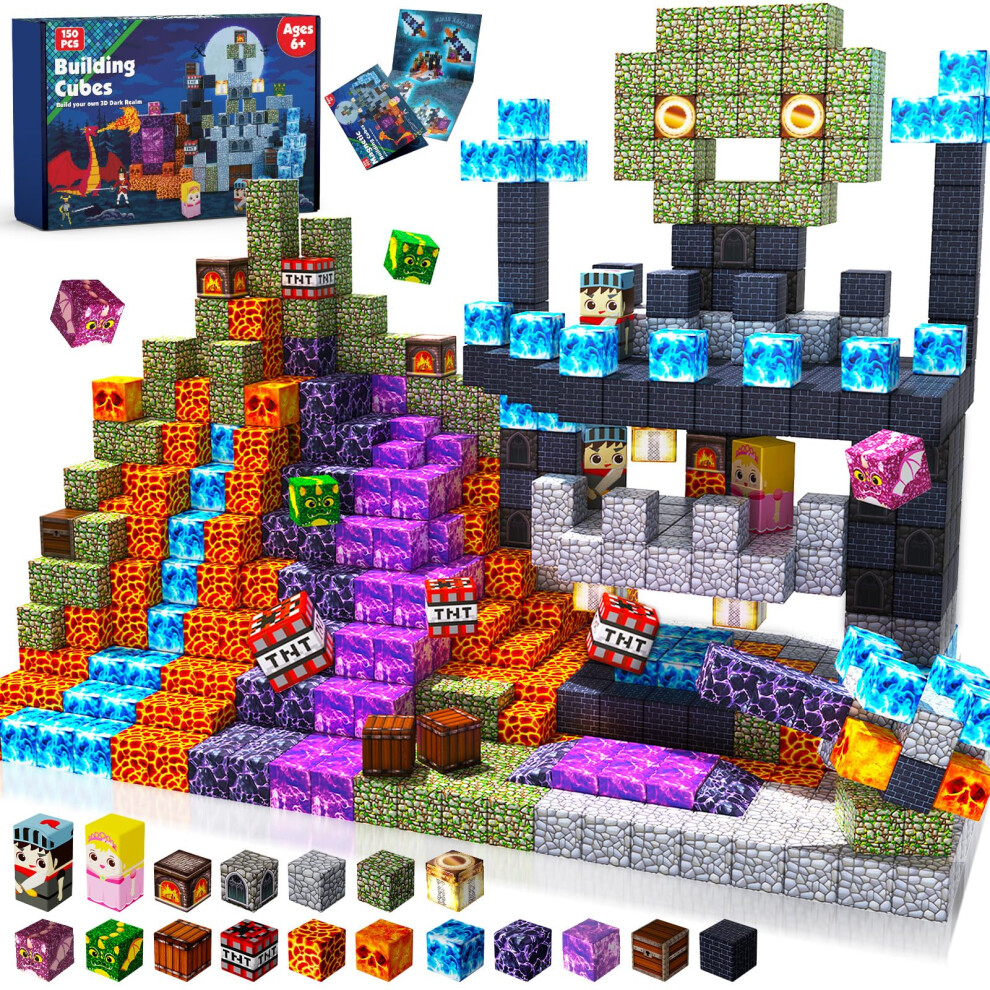Graceduck Magnetic Blocks - 150 Pcs Build Magnetic Castle Sword Domain World - Construction Cube Toys - Stem Montessori Sensory Toys For Toddlers Dark