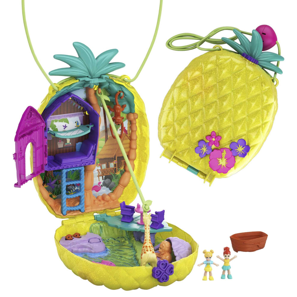 Polly Pocket Micro, Tropical Pineapple Purse, 2-In-1 Purse And Playset With Animal Safari Theme, Toy Accessories, Stickers, 2 Dolls, Toys