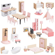 Giant bean Wooden Dollhouse Furniture Set, 32pcs Furnitures, Dollhouse Accessories Pretend Play Furniture Toys for Boys Girls & Toddlers 3Y+, Pink
