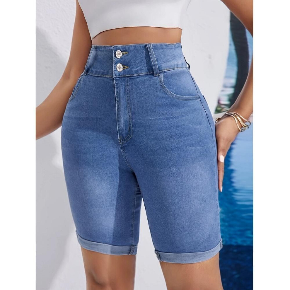 (light blue, XL) Women Summer High Waist Knee Length Denim Shorts Ladies Stretch Jeans Short Pants