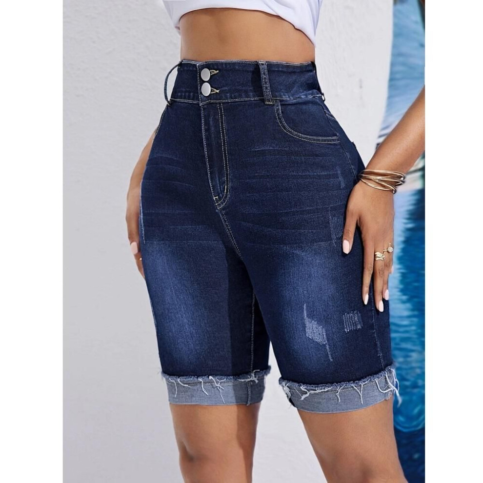 (navy blue, S) Women Summer High Waist Knee Length Denim Shorts Ladies Stretch Jeans Short Pants