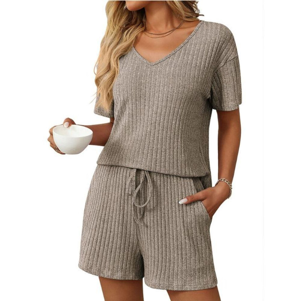 (L, khaki) Women's New Summer Solid Colour Pit-striped Pyjamas Short-sleeved Homewear Set