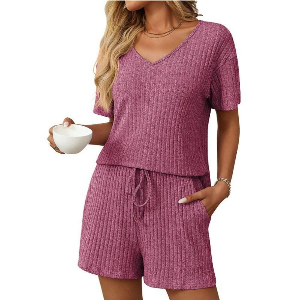 (S, fuchsia) Women's New Summer Solid Colour Pit-striped Pyjamas Short-sleeved Homewear Set