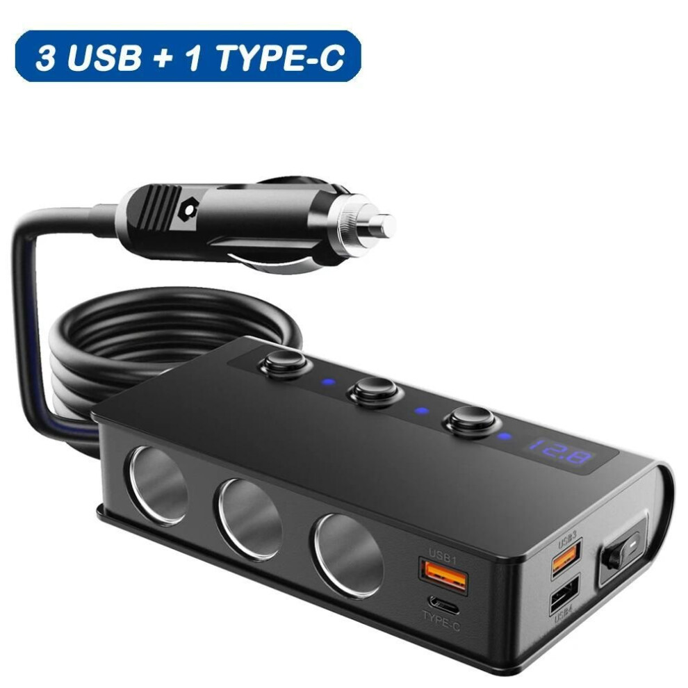 (3 USB+1 Type C) 180W 4 USB Port Car Charger Socket Adapter QC3.0 Fast Charging High Power Car Charger with Digital Display Auto Cell Phone Charge 12V 24V For Phone