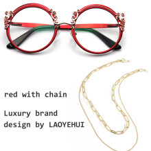 (Rosso con catena--25) Montatura per occhiali da donna retrò, montature per occhiali rotondi, moda, lusso, anti