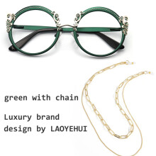 (Verde con catena--325) Montatura per occhiali da donna retrò, montature per occhiali rotondi, moda, lusso, anti