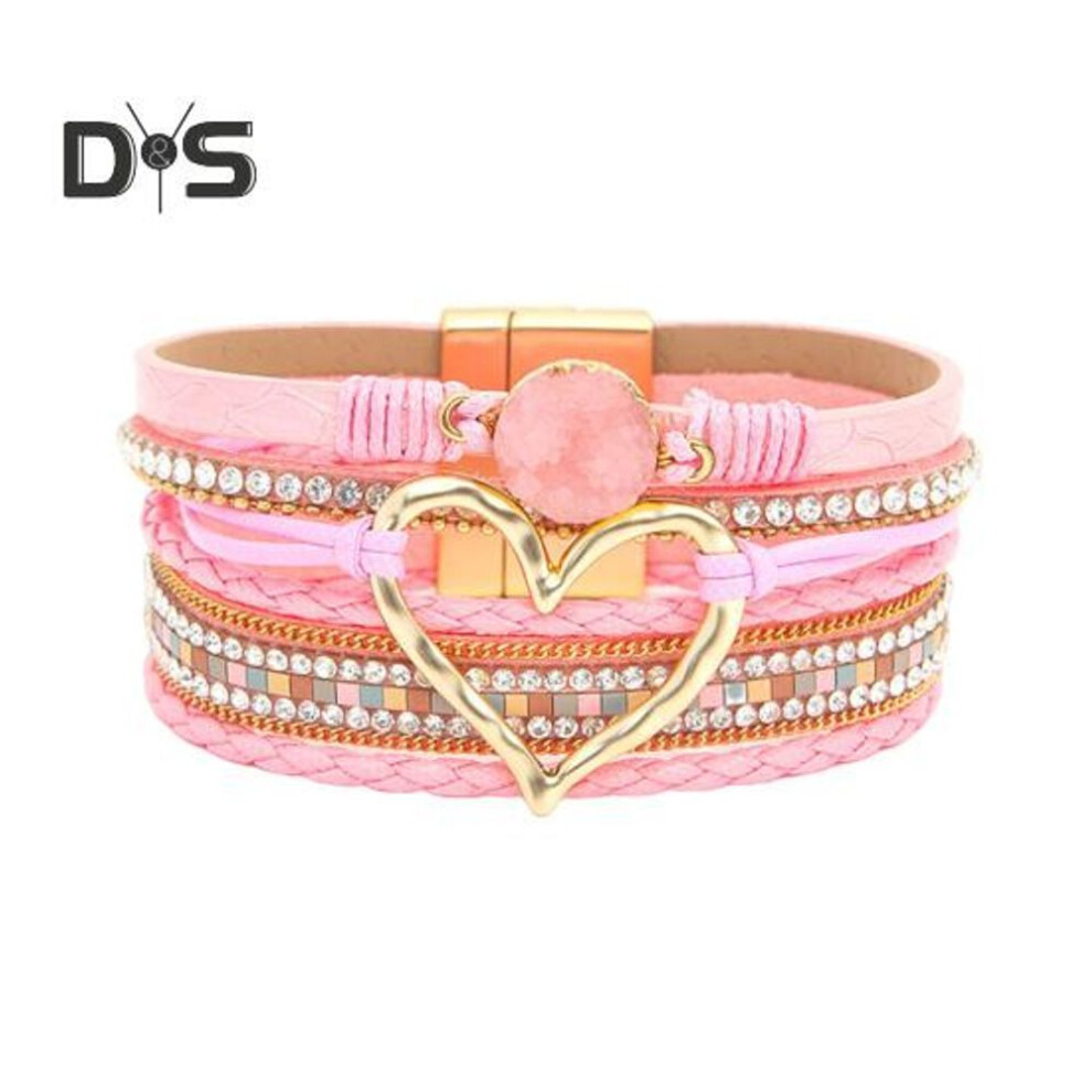 (pink) Lady Bracelet Multi-layered Rhinestone Faux Leather Bohemian Style Braided Heart Lightweight Wrist Jewelry Lady Bangle Rope Wristband