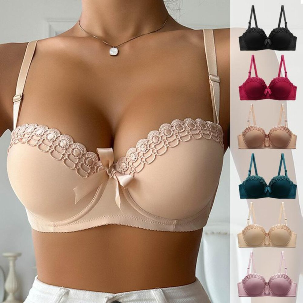 (beige, L) Women's Small Chest Push Up Bra Embroidered Butterfly Underwire Underwear Non-slip Fashion Ladies Sexy Bra