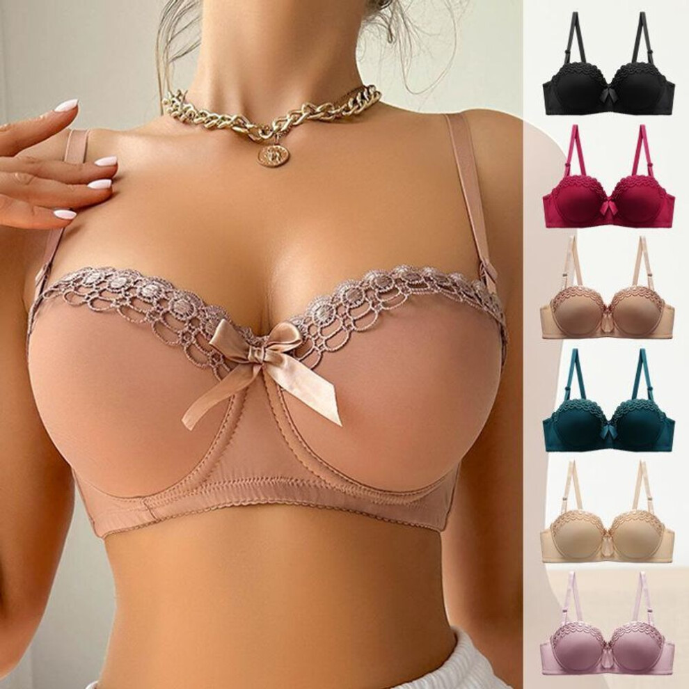 (khaki, L) Women's Small Chest Push Up Bra Embroidered Butterfly Underwire Underwear Non-slip Fashion Ladies Sexy Bra