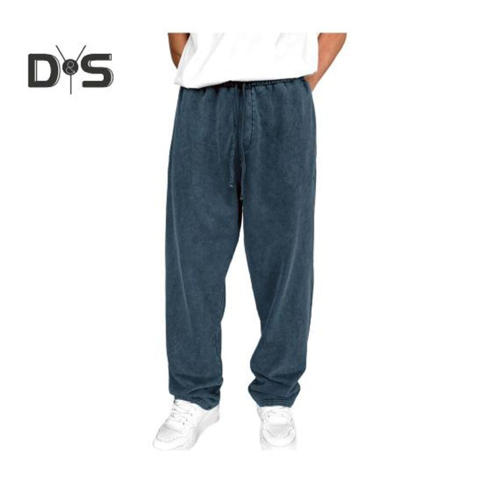 (navy blue, L) Men Sport Pants Wide Leg Drawstring Elastic Waist Pure Color Sweatpants Full Length Loose with Pockets Long Trousers