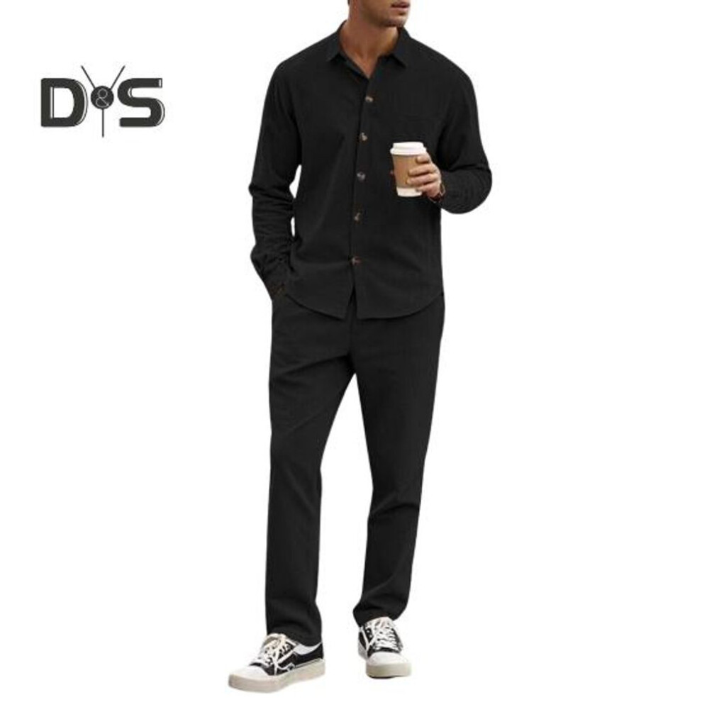 (M, black) Corduroy Shirt Trouser Set For Men Classic Business Casual Shirt Pants 2-piece Outfit Spring Autumn Wear Suit For Daily Office Wear