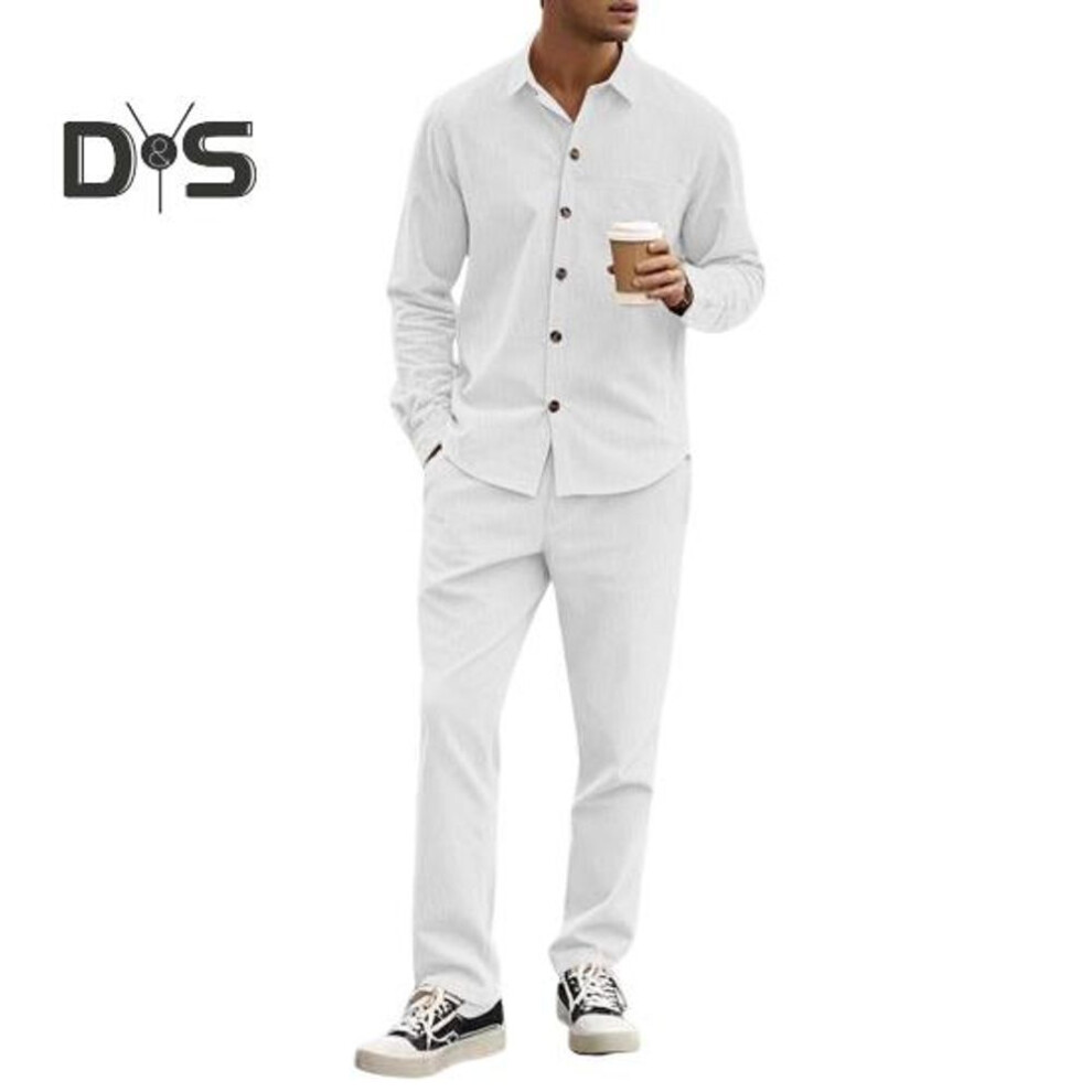 (XL, white) Corduroy Shirt Trouser Set for Men Classic Business Casual Shirt Pants 2-Piece Outfit Spring Autumn Wear Suit for Daily Office Wear