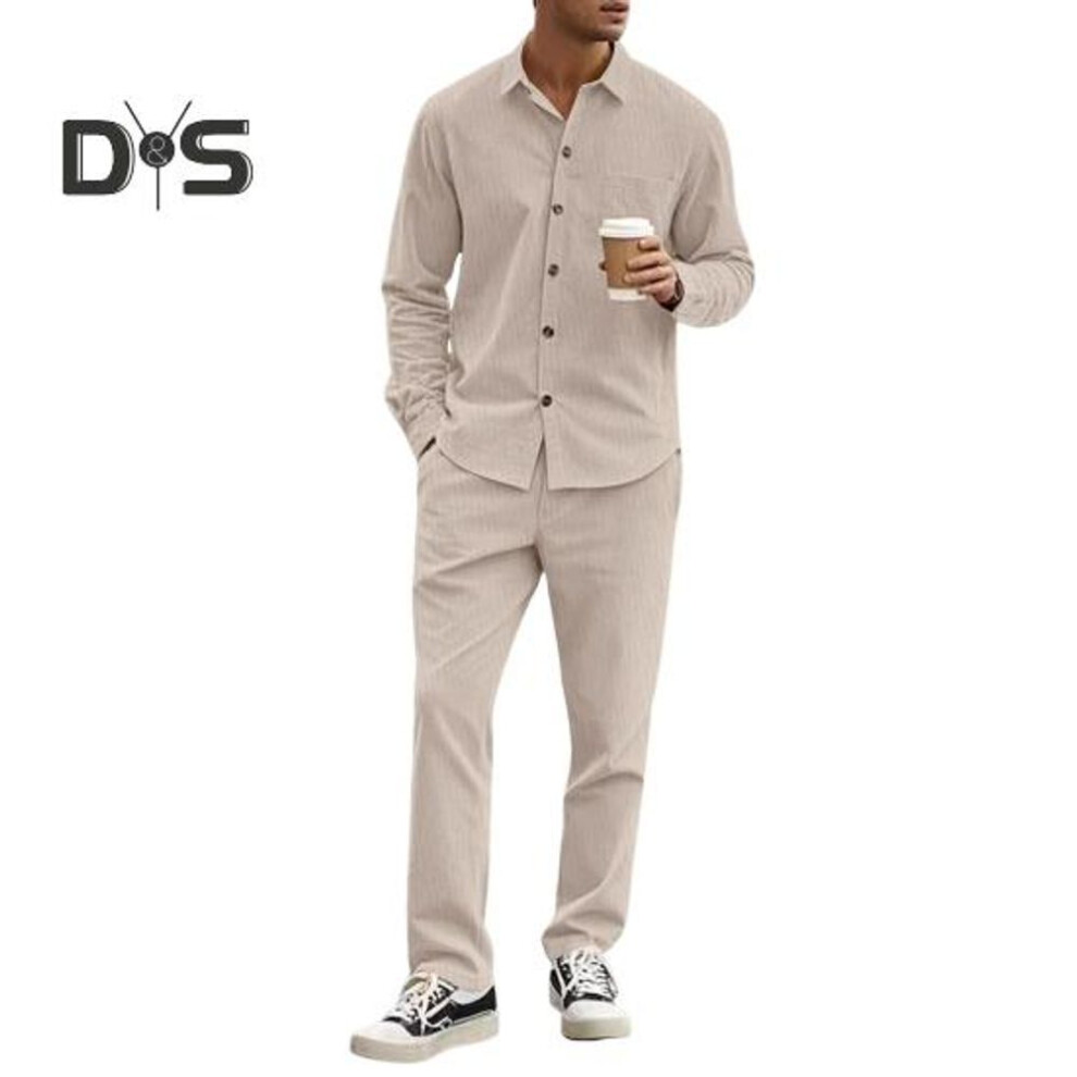 (XXL, khaki) Corduroy Shirt Trouser Set For Men Classic Business Casual Shirt Pants 2-piece Outfit Spring Autumn Wear Suit For Daily Office Wear