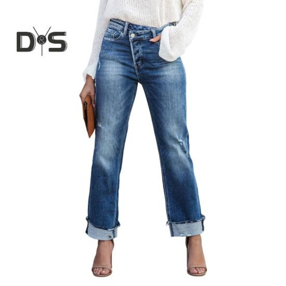 (blue, S) Women Pants Button Zipper Fly Straight-Leg Design Denim Pants with Pockets Commuting Style Washing Jeans
