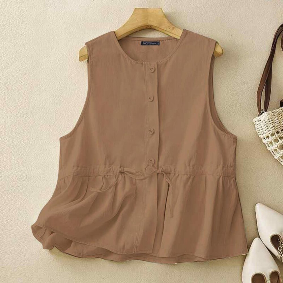 (4XL, khaki) ZANZEA Women Summer Round Neck Sleeveless Drawstring Shirts