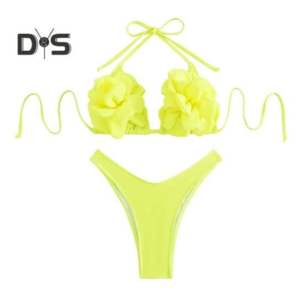 (L, yellow) 2Pcs/Set Women Swimsuit Suit Halter 3D Flower Decor Bra Low-rise Swimming Trunks Set Solid Color Quick Drying Beachwear