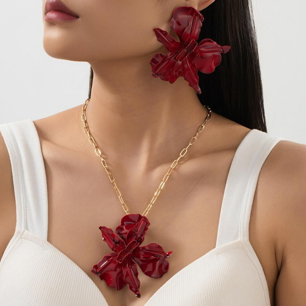 (Earrings+Necklace) Luxury Large Flower Earrings Red Flower Necklace Bangle Rings  Jewelry Accessories