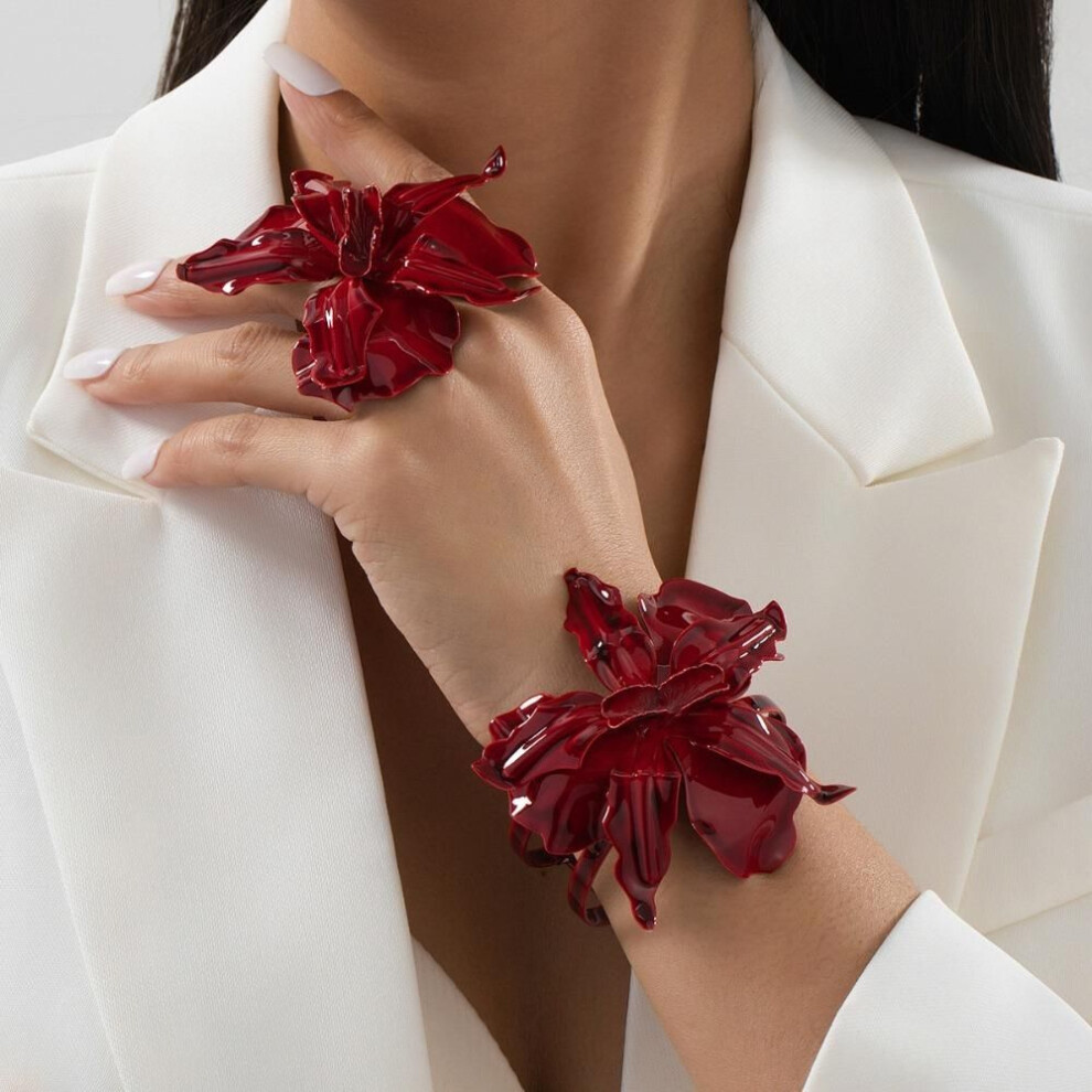 (Bangle+Ring) Luxury Large Flower Earrings Red Flower Necklace Bangle Rings  Jewelry Accessories