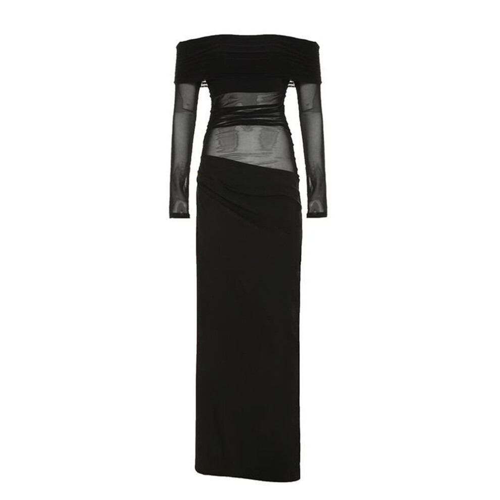 (black, S) Women's Spice Girls Sexy See Through Temperament Pleated Waisted One Shoulder Mesh Splicing Long Sleeve Dresses