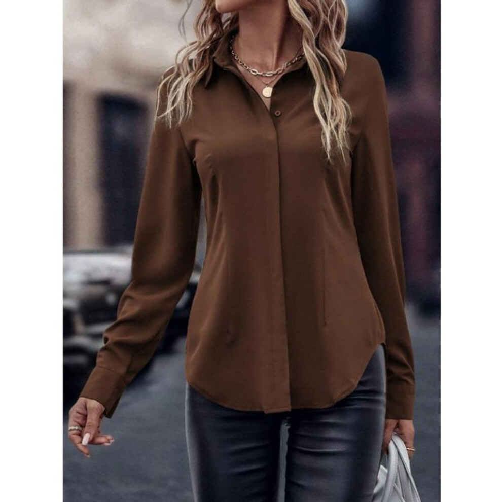 (M, dark brown) Women's Fashion New Lapel Long Sleeve Commuter Slim Cardigan Top
