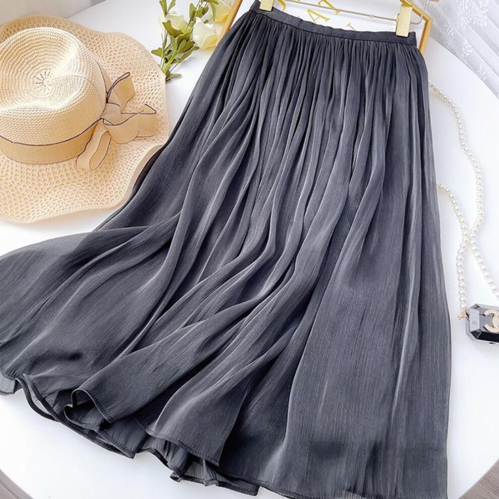 (One Size, black) Women Elegant Midi Pleated Skirts Women Korean High Waist Summer Ladies Satin Maxi Skirt Female Faldas