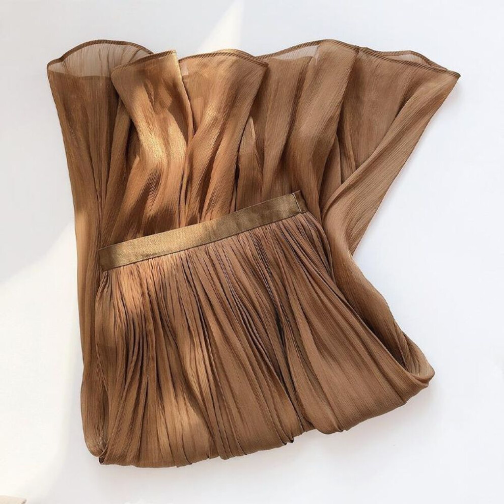 (One Size, khaki) Women Elegant Midi Pleated Skirts Women Korean High Waist Summer Ladies Satin Maxi Skirt Female Faldas