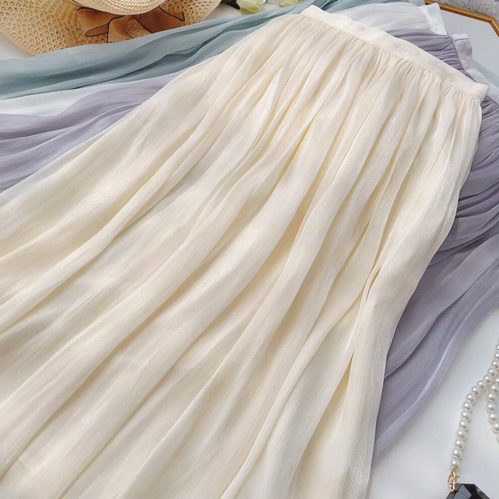 (One Size, apricot) Women Elegant Midi Pleated Skirts Women Korean High Waist Summer Ladies Satin Maxi Skirt Female Faldas