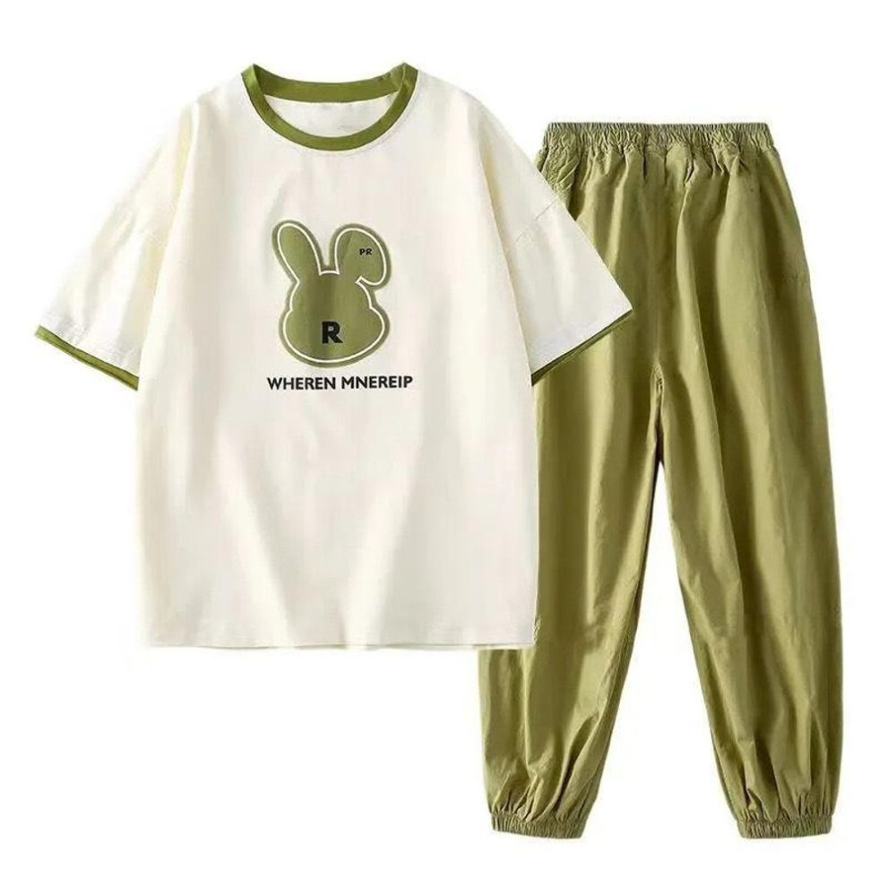 (green, 150) Summer Girl Clothing Suit Kids Cartoon T-shirt + Pants Children Short Sleeve Outfit 2pcs Teenger Girl Clothes Sets