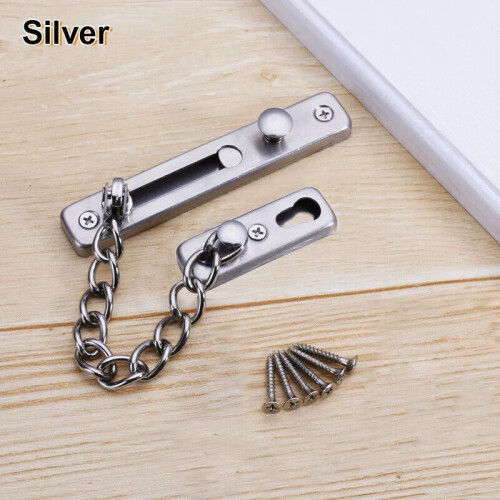 (Silver) Door Chain Lock Latch with Spring Stainless Steel Security Press Bolt UK