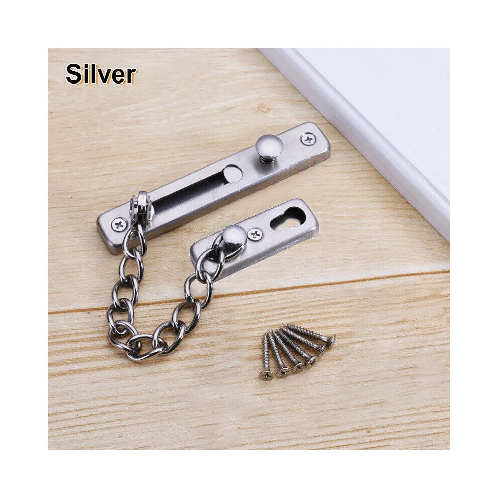 (Silver) Door Chain Lock Latch With Spring Stainless Steel Security Press Bolt Uk 6963793385997