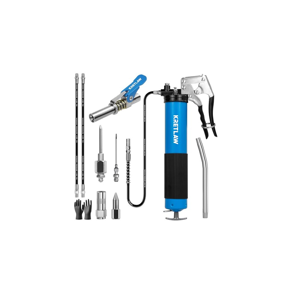 KRETLAW Grease Gun, 7000 PSI Heavy Duty Professional Pistol Grip Grease Gun Kit with Double Grease Injector Needle,18" & 2pc 12" Flex Hose,14oz-image-OPC-PHCHFHN-NEW