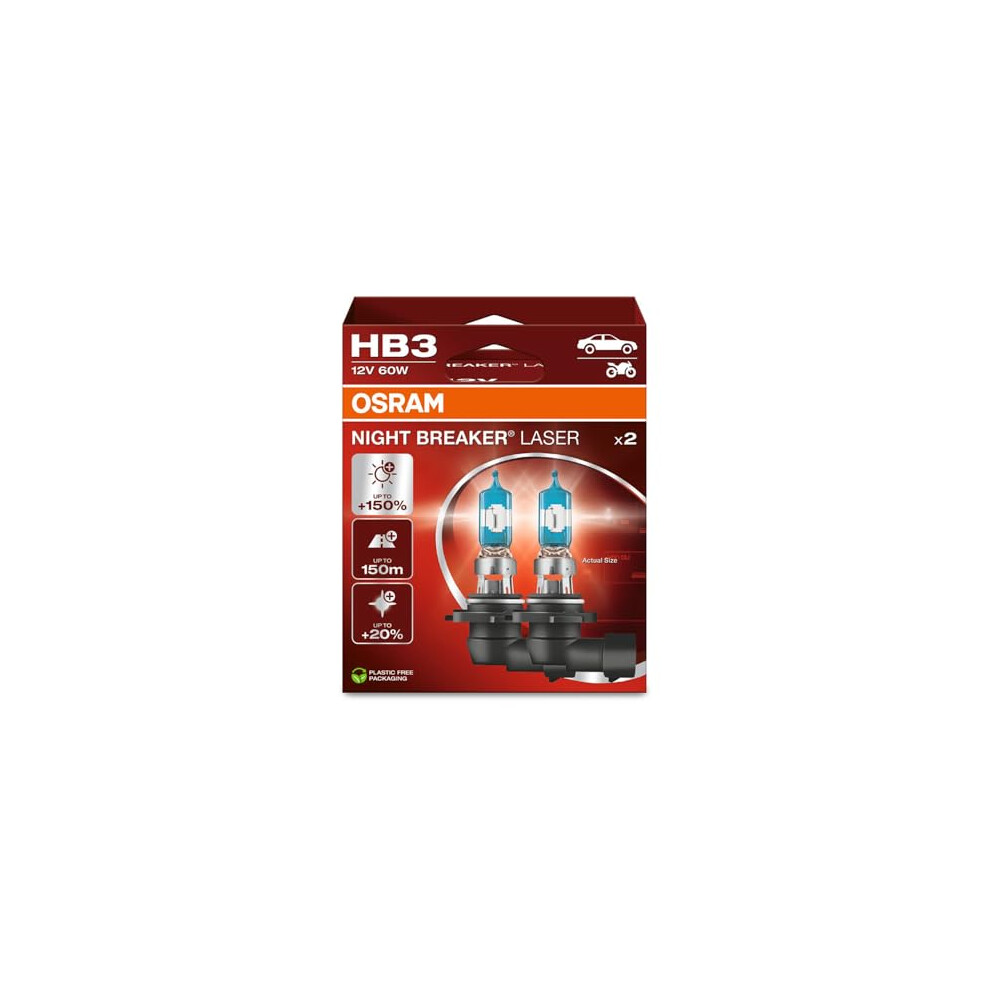 OSRAM NIGHT BREAKER LASER HB3, +150% more brightness, halogen headlight lamp, 9005NL-2HB, 12V, Hanging folding box (2 lamps), white
