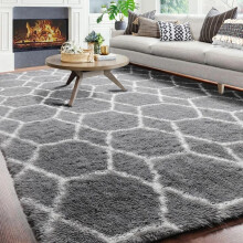 (140 x 200 cm, Grey & White) Non Slip Large Rugs Soft Fluffy Shaggy Area Rug Living Room Bedroom Carpet Floor Mat